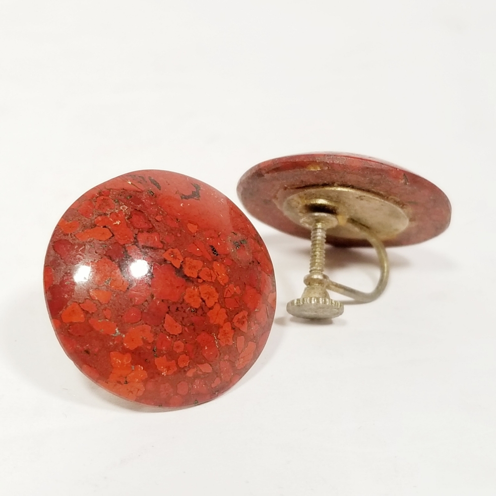 Vintage Earrings Red Stone Button Screw On Back 1"